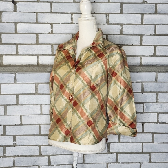 • Selene Sport Women's 3/4 Sleeve Plaid Button Up Blouse Medium Gold Multicolor - Picture 1 of 11